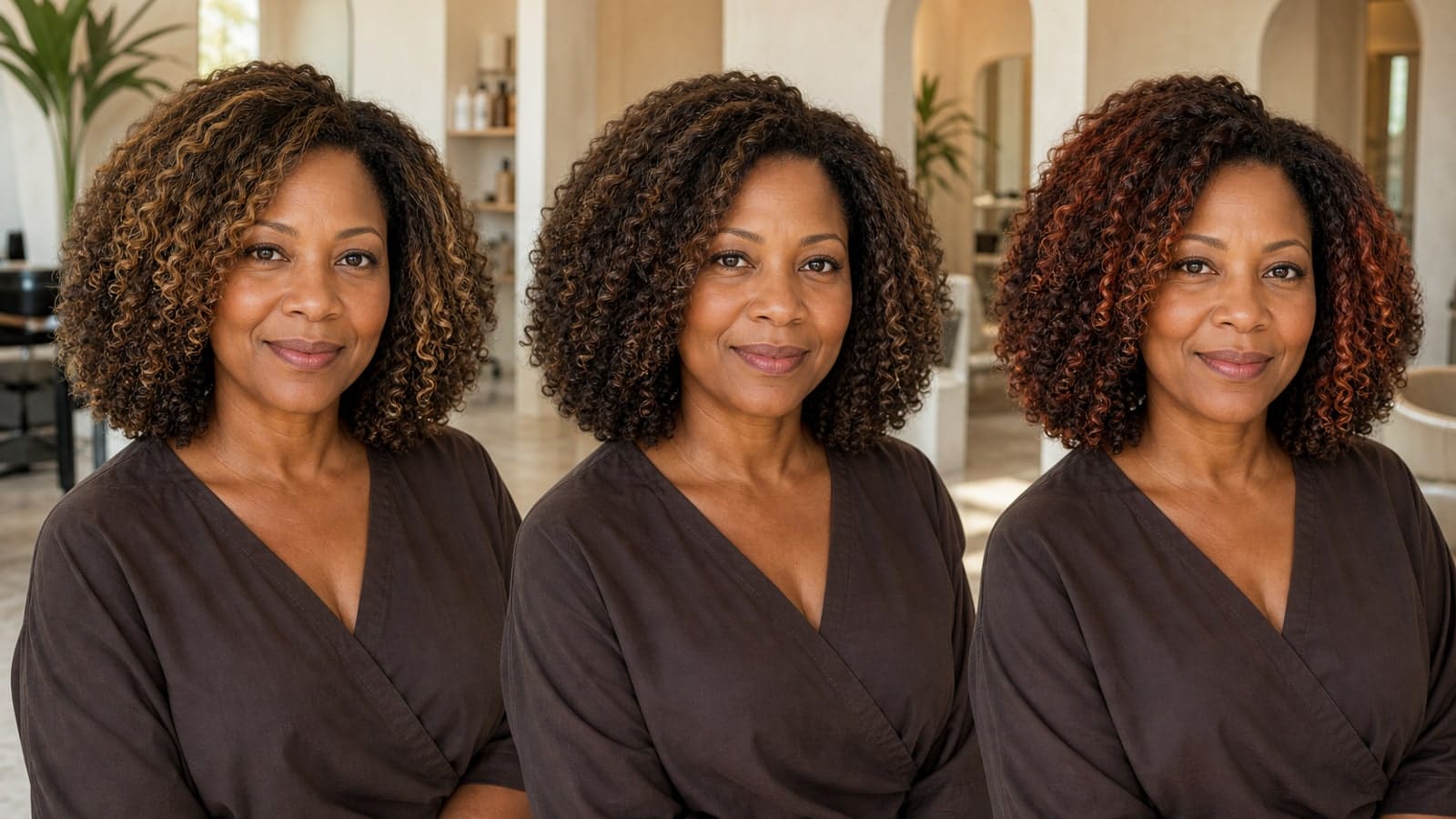 The same brown-eyed Black woman with shoulder-length natural coils shown in gold-chocolate, neutral mocha, and copper-ribboned brunette hair under one salon light