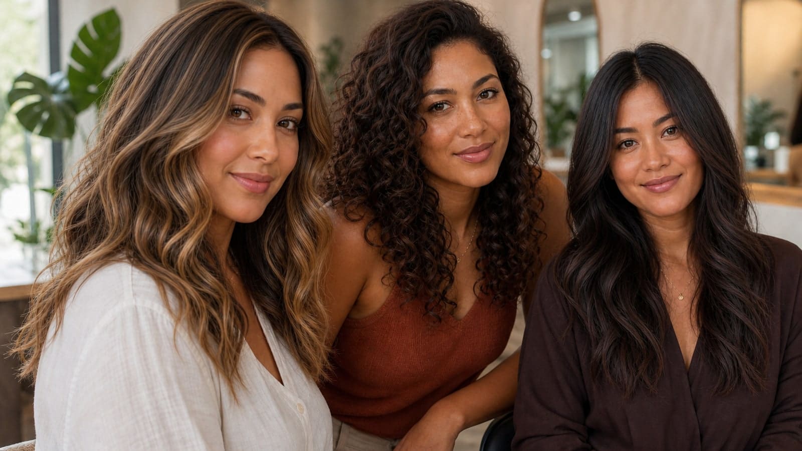 Three brown-eyed women with caramel-highlighted brunette waves, chocolate curls, and deep espresso hair in one salon