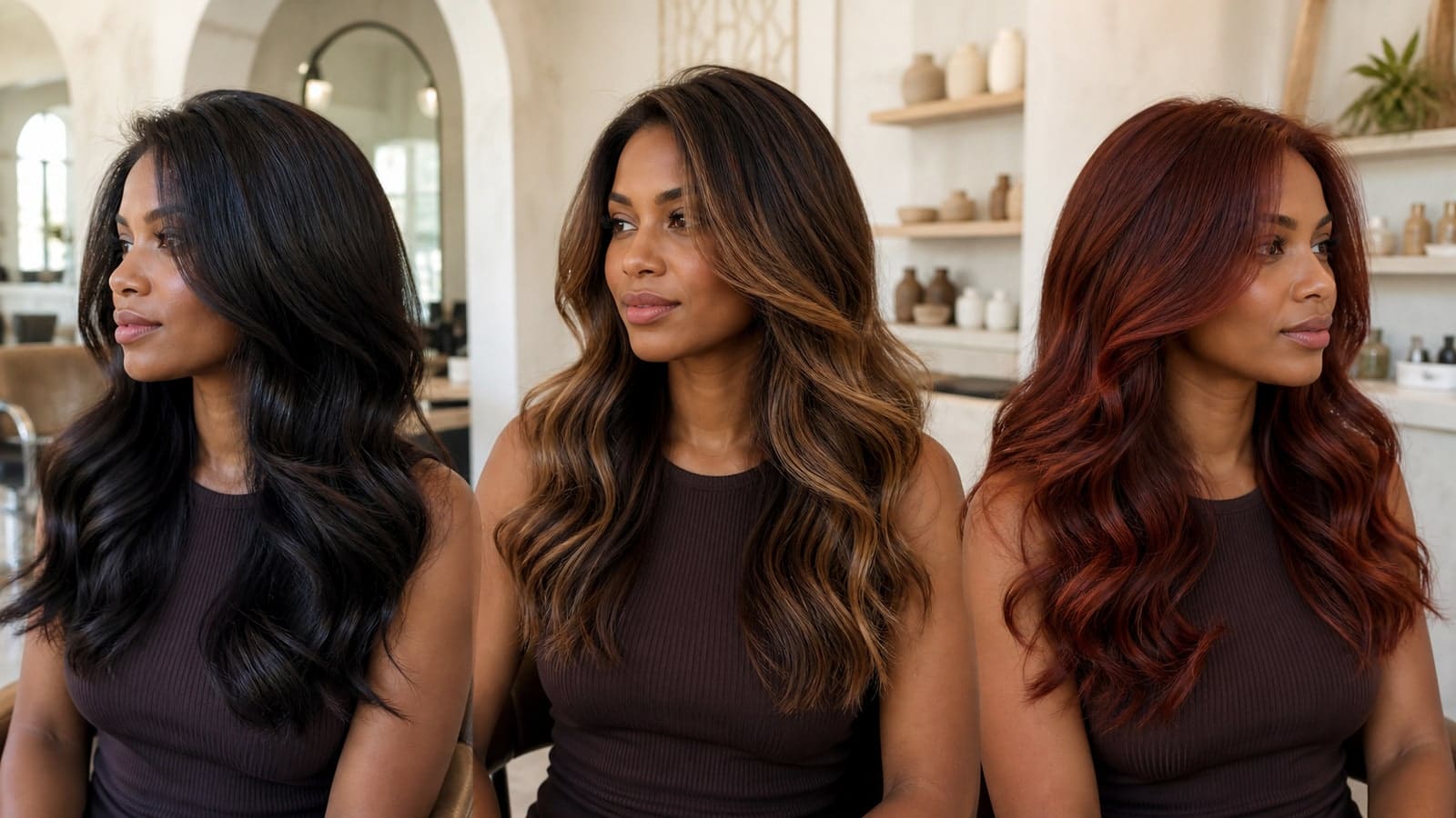 The same woman with brown skin shown in soft black, caramel-ribboned brunette, and copper-auburn hair under consistent salon light