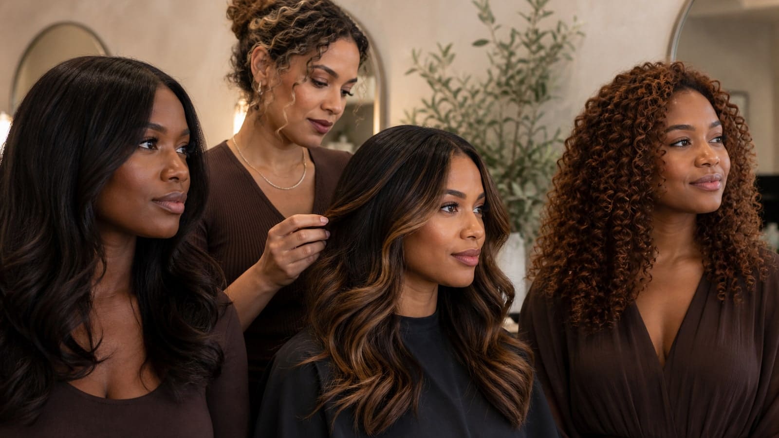 Women with brown skin and straight, wavy, and curly textures show deep brunette roots, caramel interior ribbons, and brighter face-framing pieces