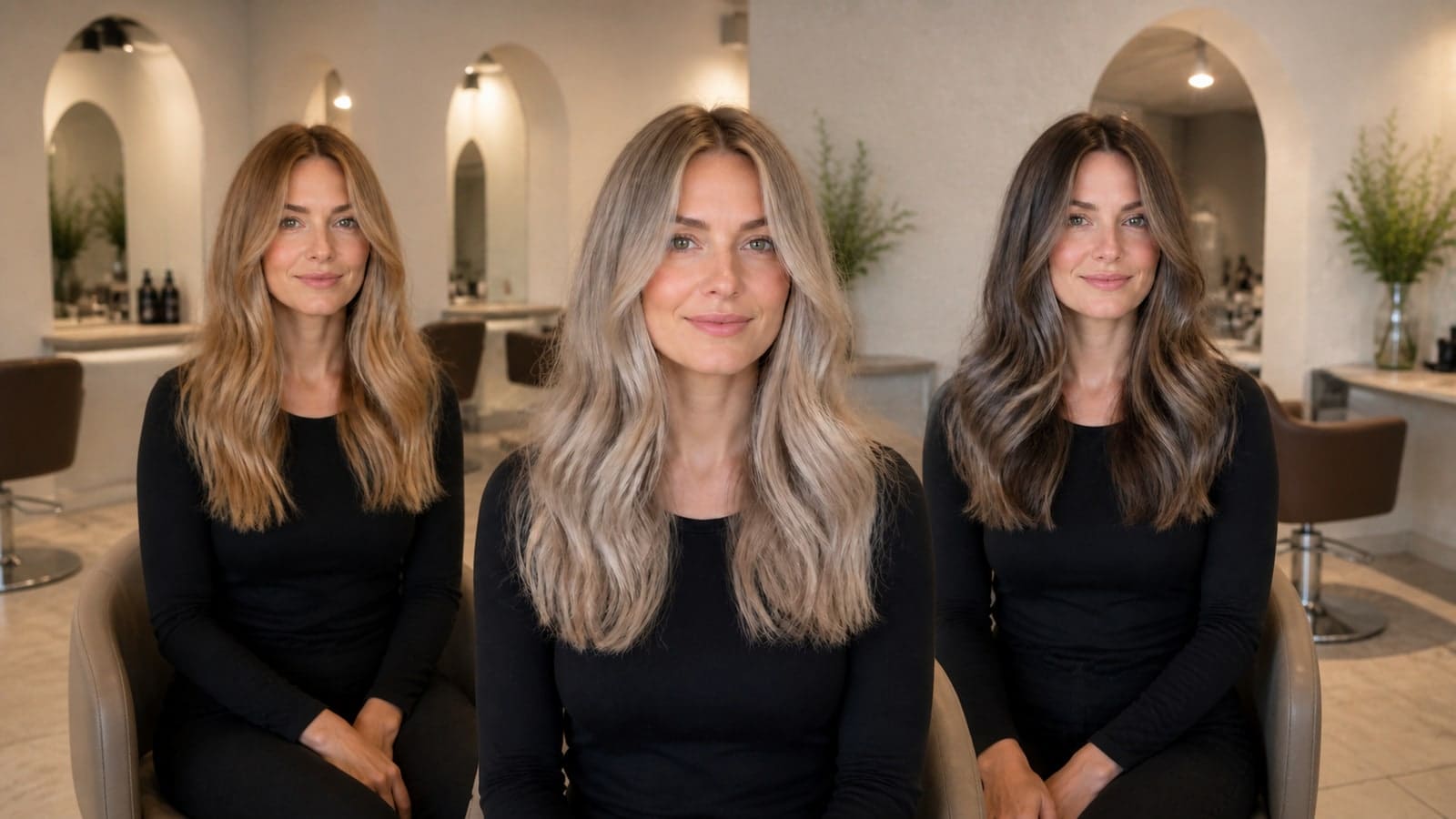 Three views of one woman in a salon with warm blonde, pale ash blonde, and deeper ash-brown hair