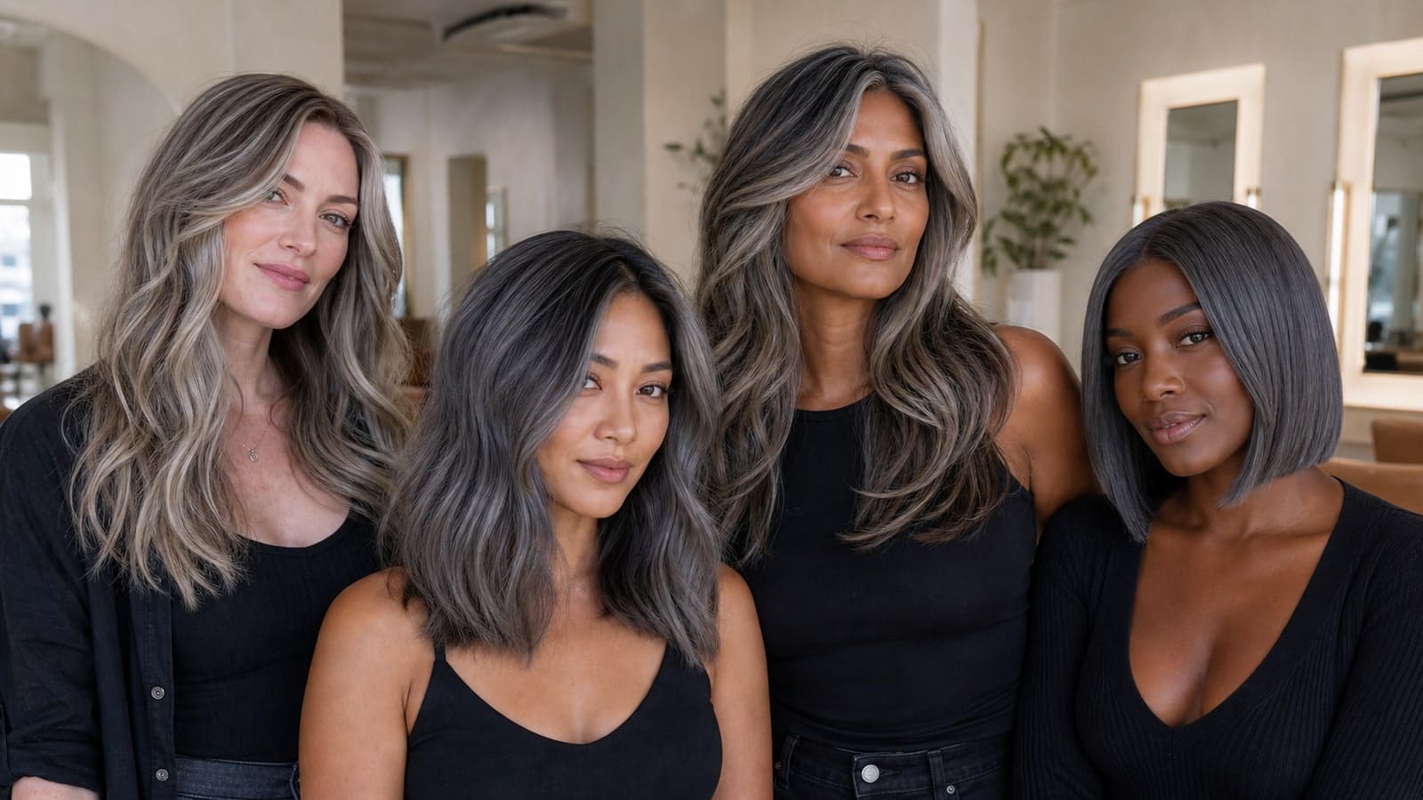 Four women with fair, light-medium, medium-deep, and deep skin tones; three wear dimensional ash-gray hair and one wears a flatter, uniform gray-ash finish