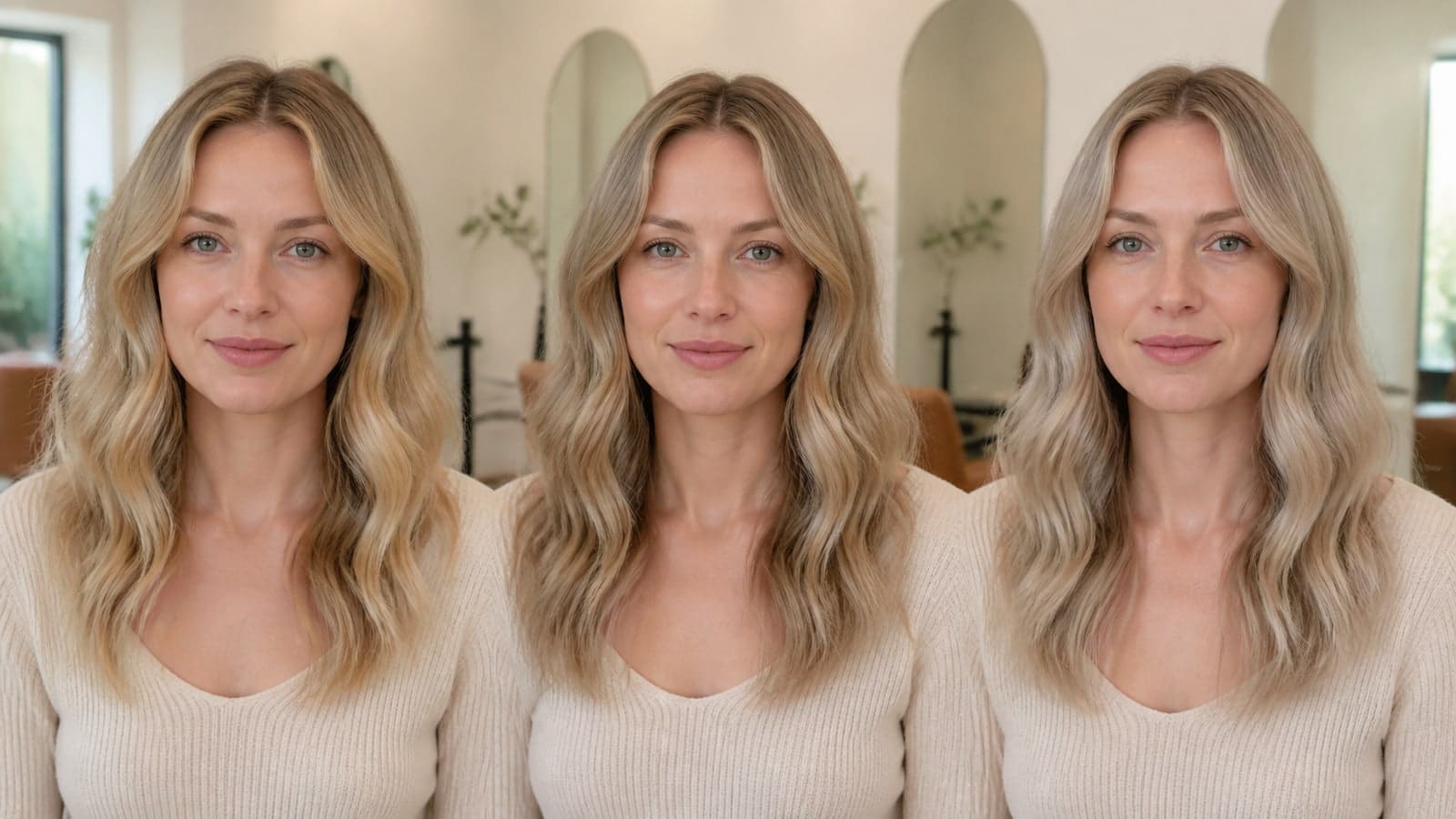 The same fair-skinned woman shown three times with warm golden-beige, balanced beige, and cool pearl-beige blonde hair at the same depth
