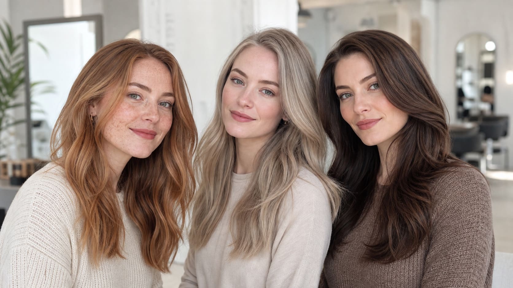 Three women with fair skin wear golden blonde, neutral brunette, and clear copper-red hair under consistent salon daylight