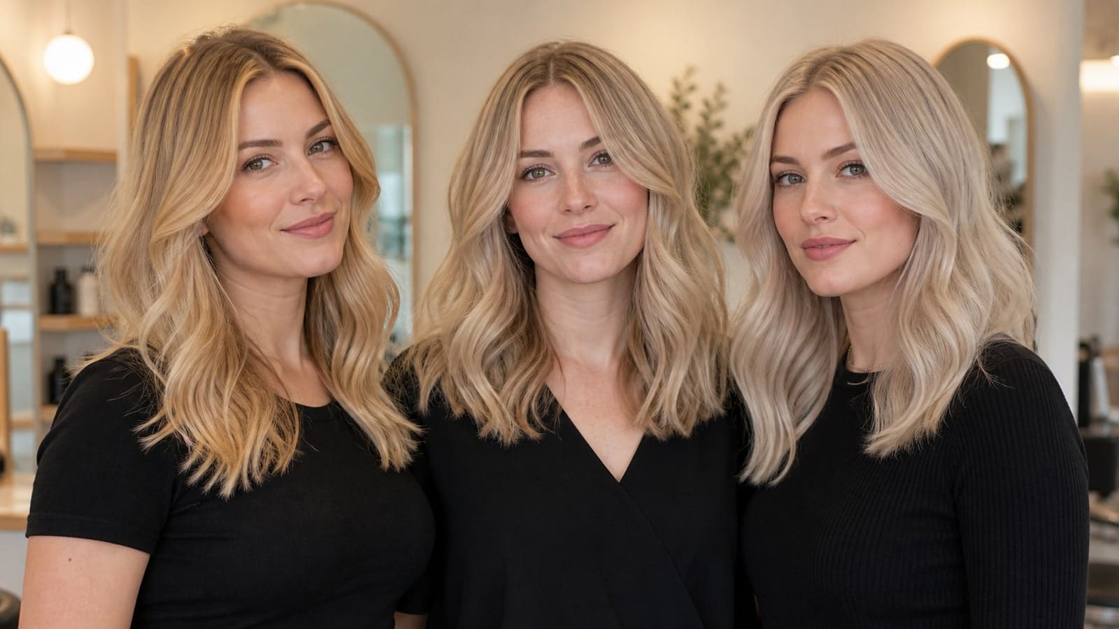 Three distinct fair-skinned women wear medium-depth beige blonde hair in warm golden, balanced neutral, and cool pearl variations