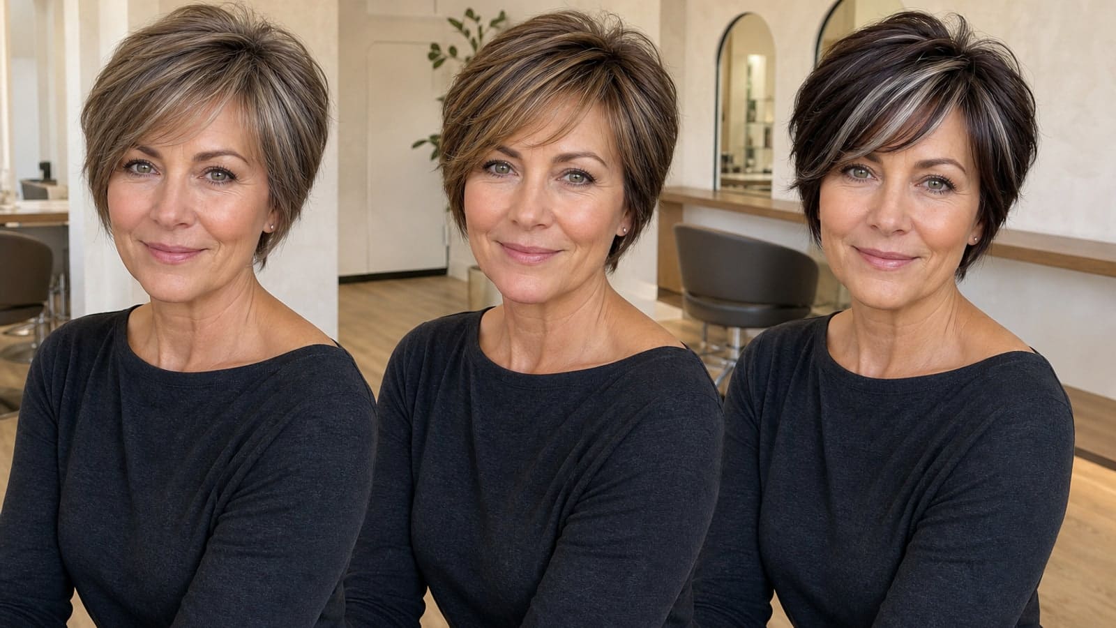 The same gray-eyed white woman with a short textured crop-bob shown in muted mushroom, balanced taupe-mocha, and dark espresso with pearl ribbons under one salon light
