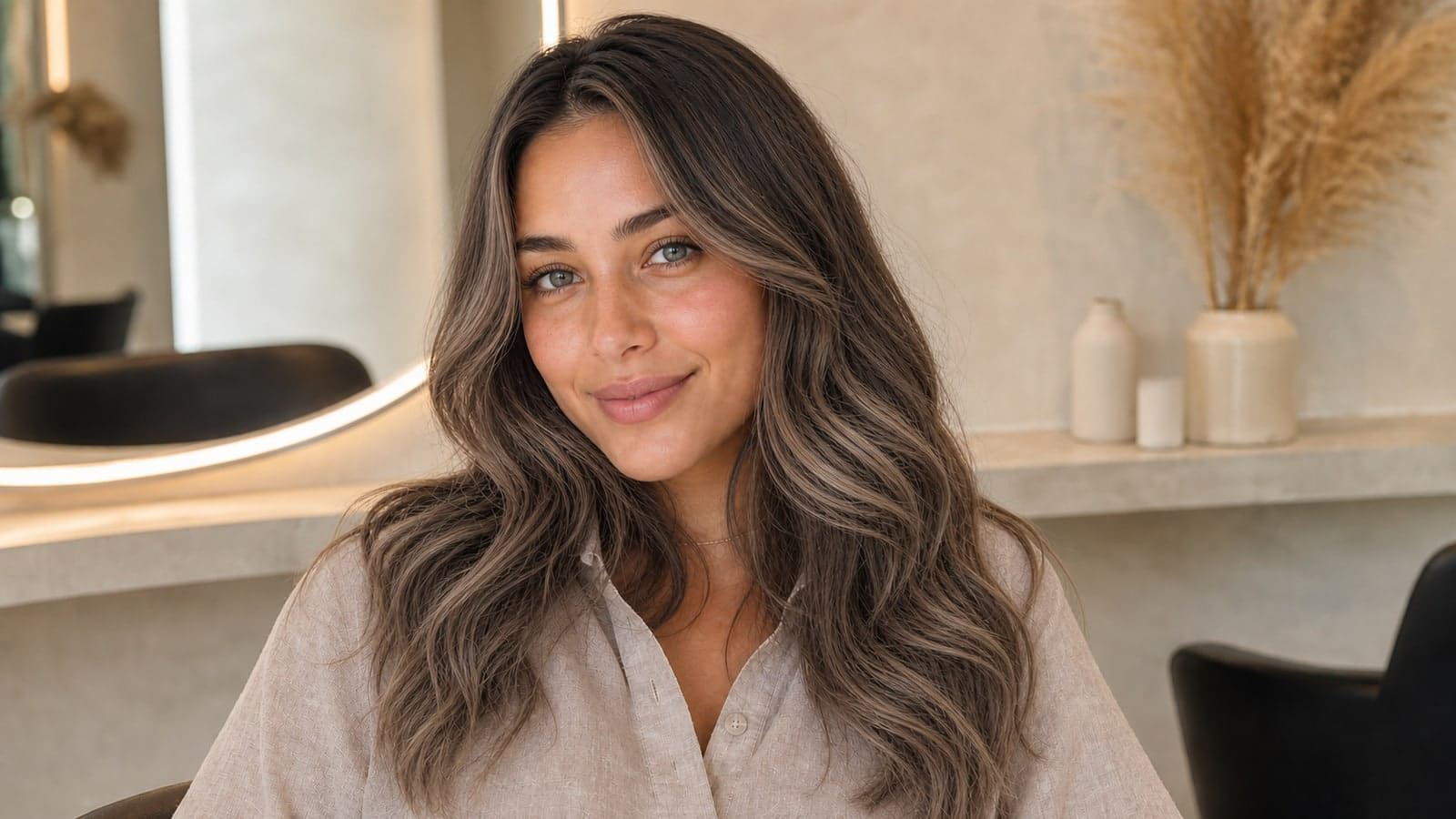 Gray-eyed woman with long muted mushroom-brown hair and taupe highlights in a cream salon