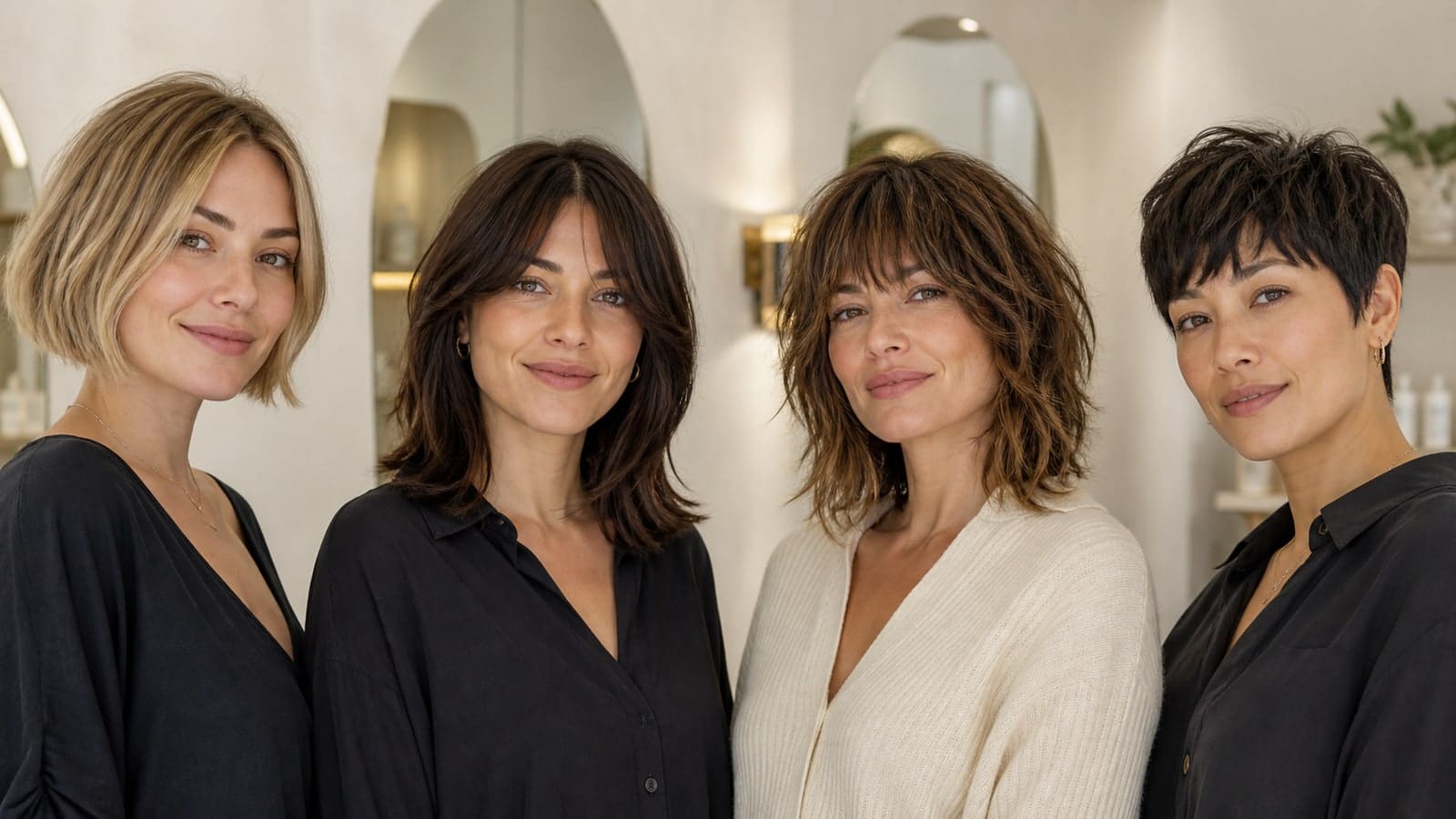 Distinct low-maintenance haircuts for women styling options shown in one salon scene