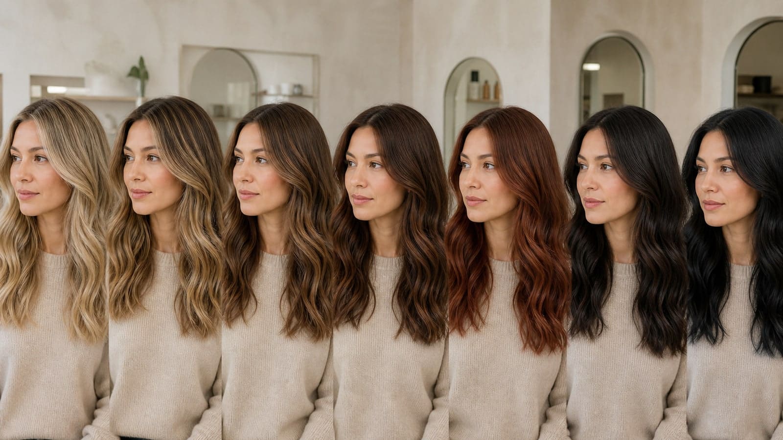 The same neutral-skinned woman shown across beige blonde, bronde, neutral brown, balanced auburn, espresso, and soft black hair in one salon scene