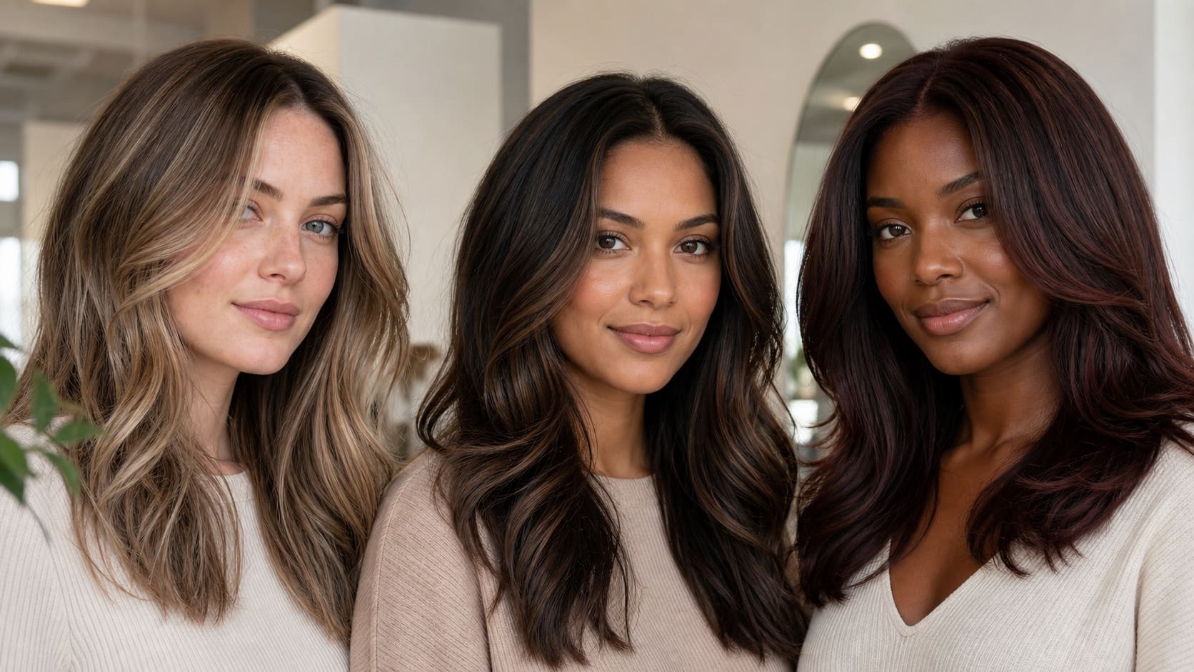 Three women with neutral-looking skin wear beige blonde, dimensional bronde, and balanced auburn-brown hair in consistent salon light
