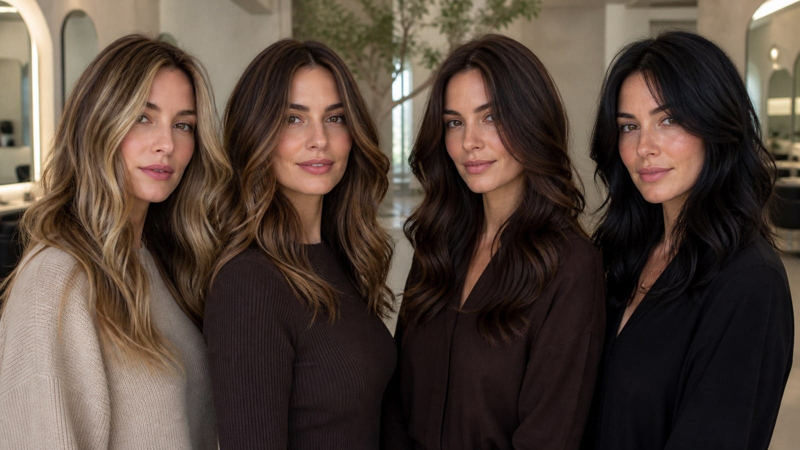 Four women in one salon wear highlighted bronde, neutral medium brown, deep chocolate brunette, and soft black hair with controlled reflections