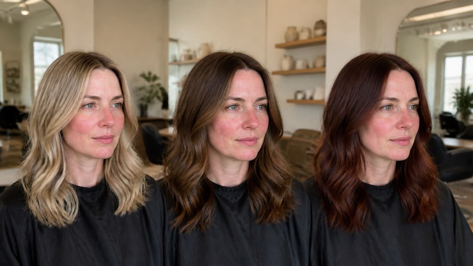 The same woman with pink-red surface color shown with beige blonde, neutral brunette, and copper-auburn hair under stable salon light