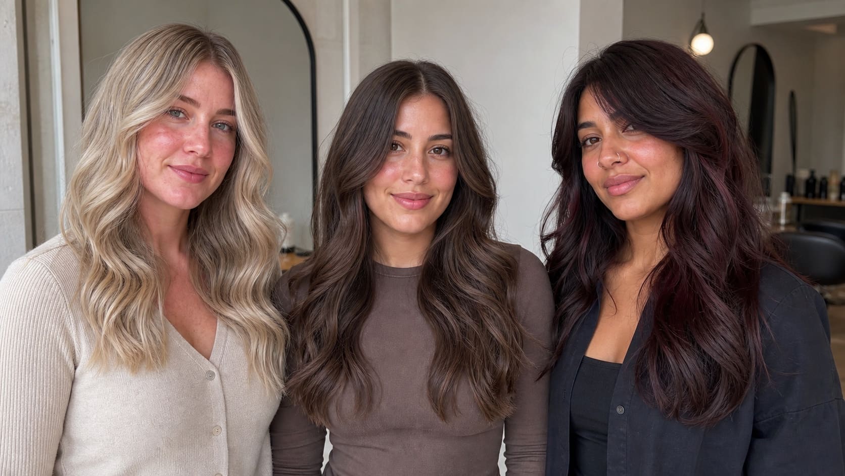 Three women with pink or red-looking skin wear beige blonde, highlighted neutral brunette, and deep burgundy hair in consistent salon light