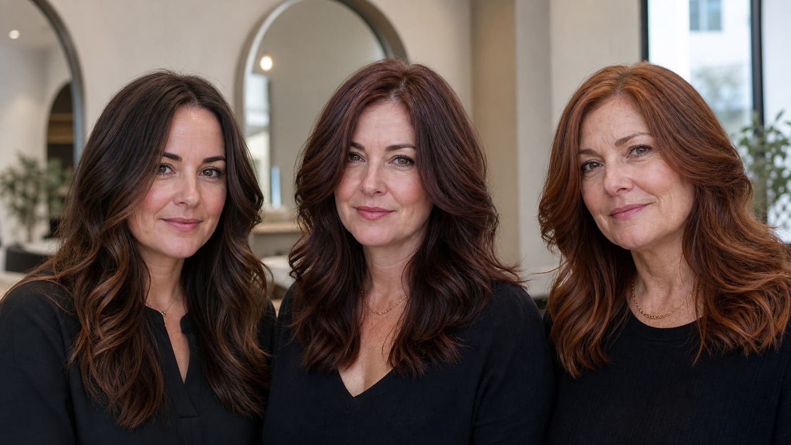 Three different women with pink-red surface color wear level-five neutral mocha, cool burgundy-brown, and warm copper-brown hair in one salon