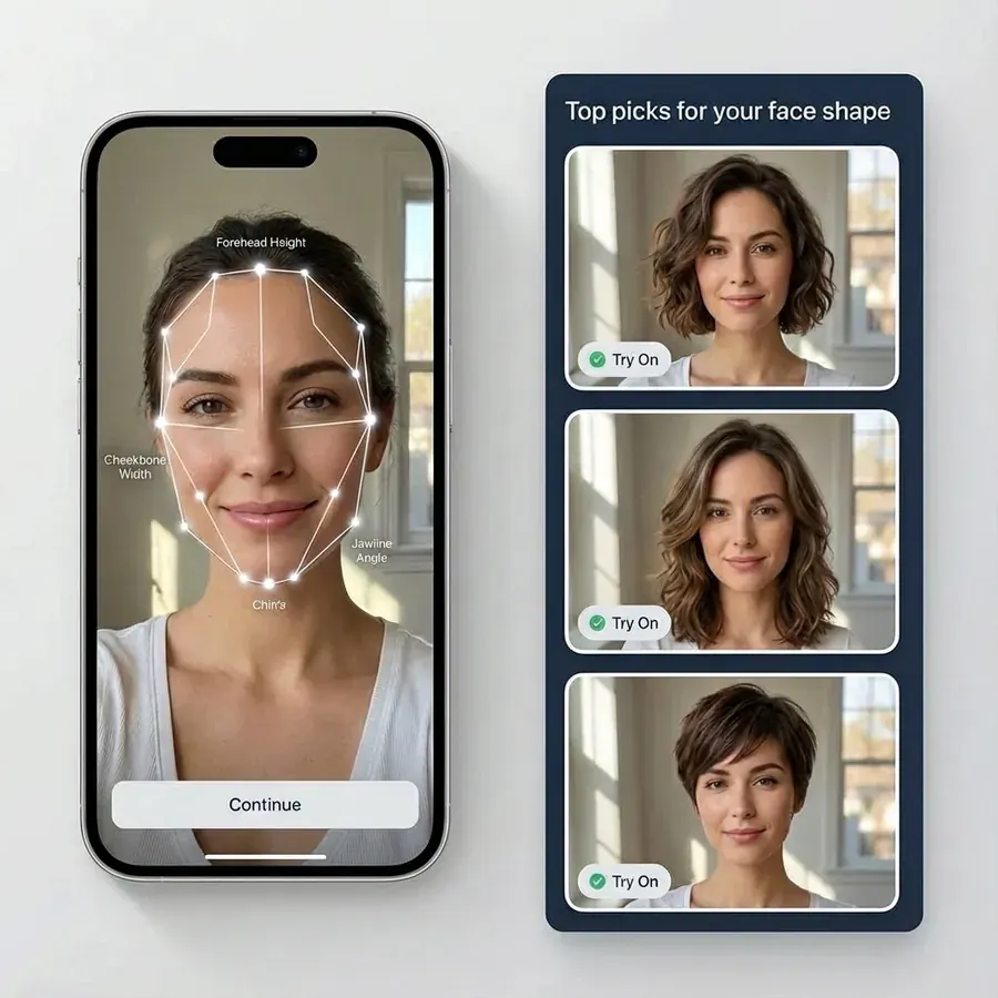 Hairstyle quiz preview showing face-shape guidance and suggested haircuts