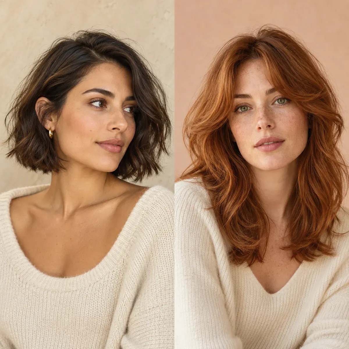 Hair inspiration: a softly waved brunette bob and copper layers with curtain bangs