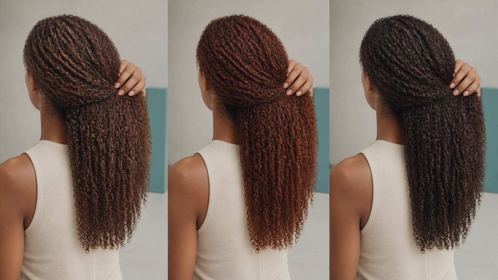 The same model's long coily hair shown at equal depth in muted warm brown, rich copper-brown, and deep warm espresso