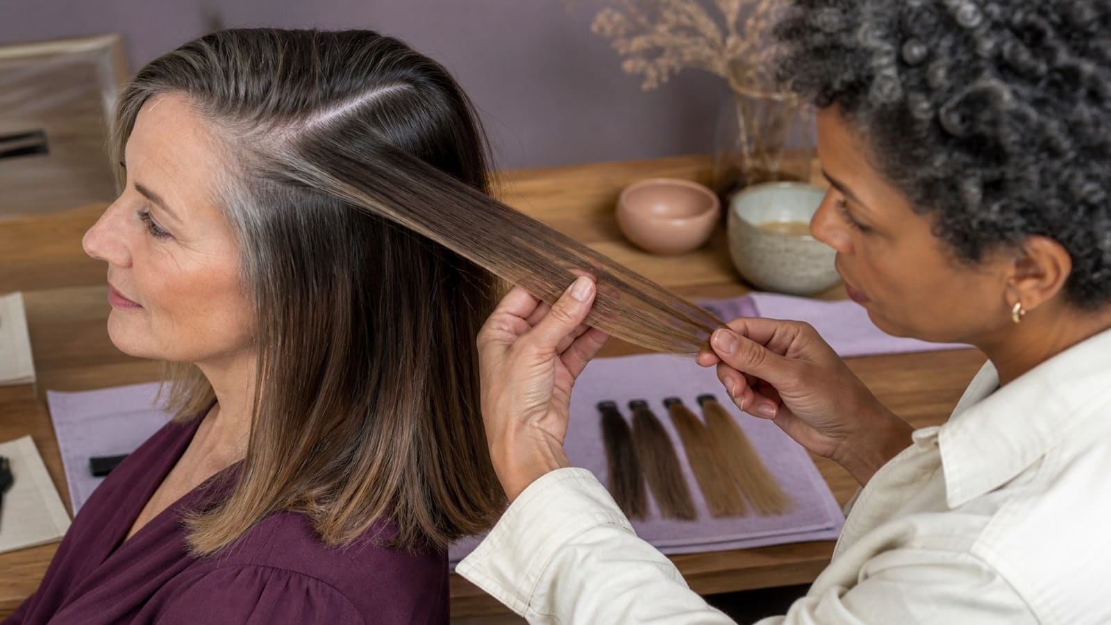 A colorist holds a straight hair section showing a dark-blonde root, warm brunette mids, lighter ends, and a silver temple area