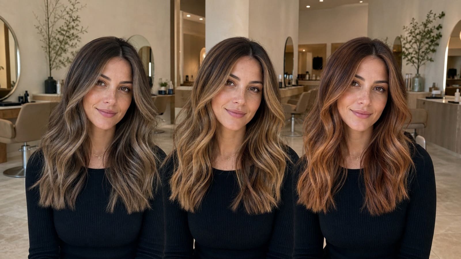 The same woman shown with cool ash-beige, warm honey-gold, and copper balayage over a consistent brunette root