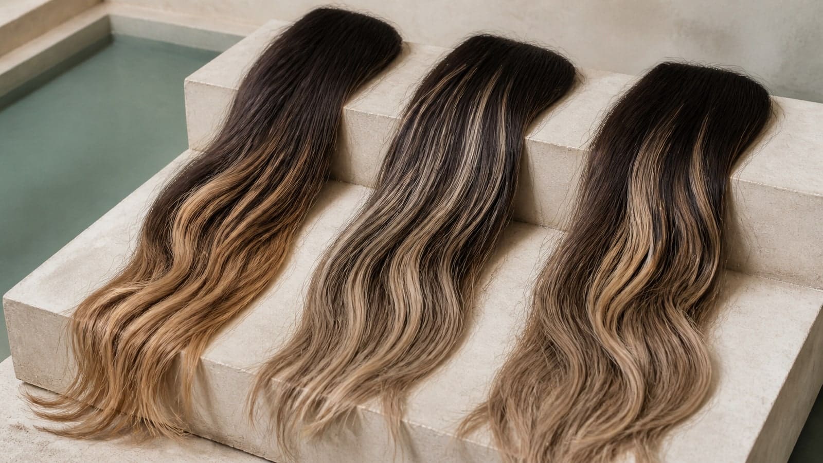 Three medium-brown hair sections compare soft off-root caramel balayage, fine near-root beige highlights, and a brighter hybrid placement