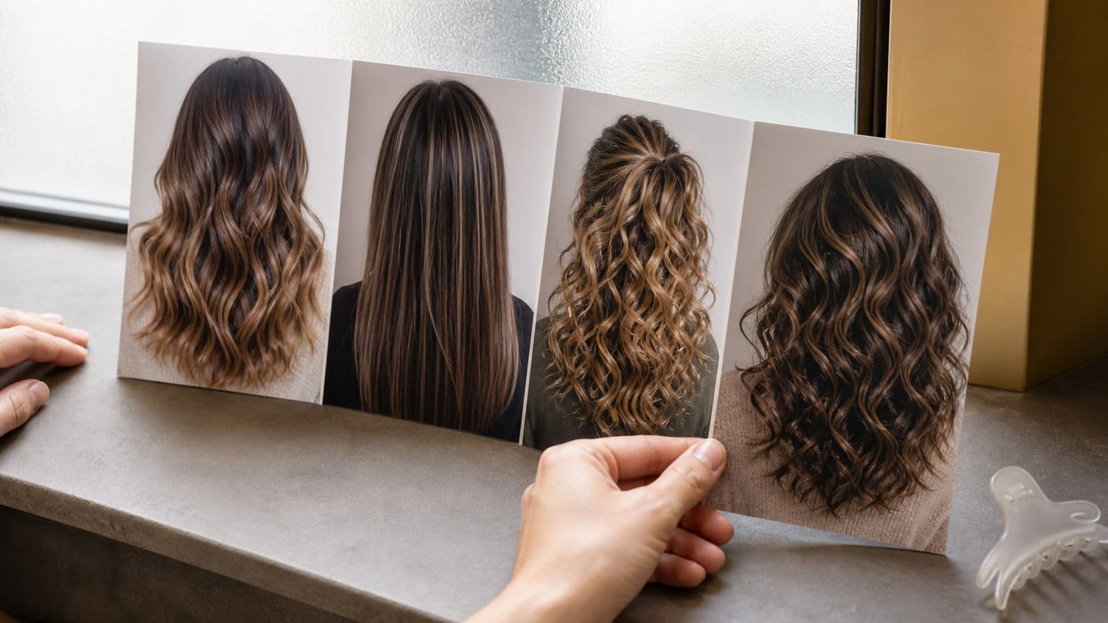 Four rear-view hair references compare soft off-root balayage, fine bright near-root ribbons, partial crown highlights, and a rooted combined placement
