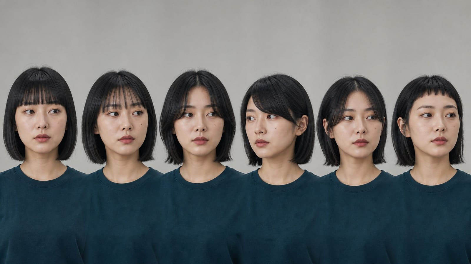 The same woman shown six times with blunt, wispy, curtain, side-swept, bottleneck, and micro fringe placements