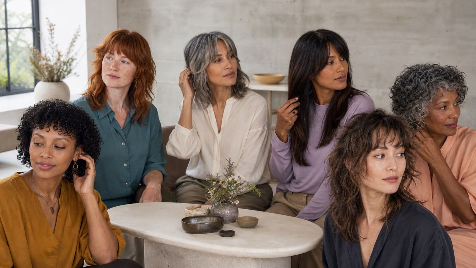 Six adults with micro, blunt, curtain, side-swept, wispy, and bottleneck fringe placements in a daylight studio