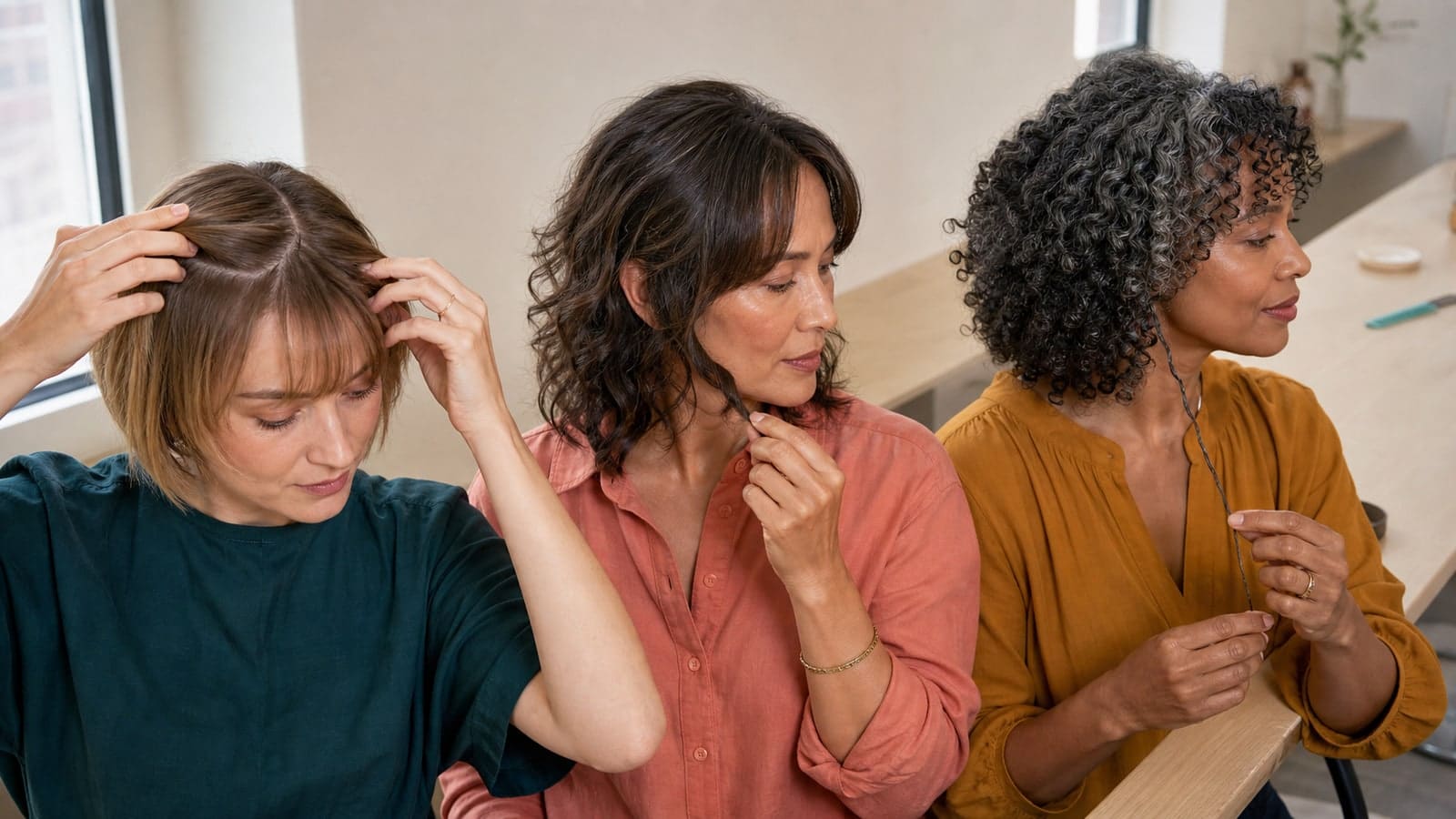 Three adults checking a fine fringe cowlick, a wavy curtain section, and the dry length of a curly fringe