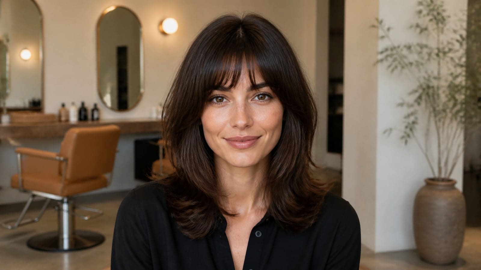 Salon consultation showing best bangs for a larger forehead haircut options and silhouette