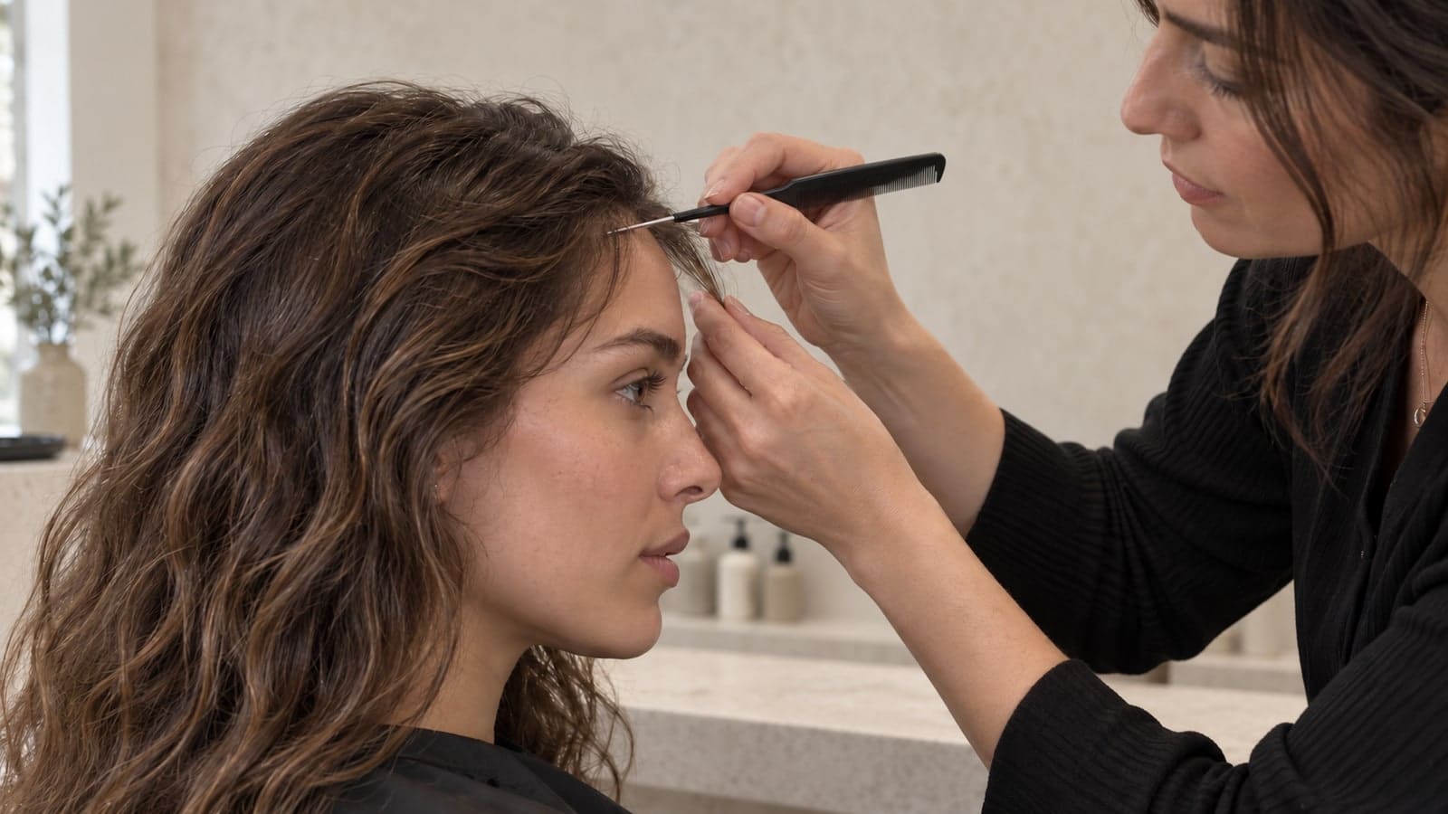 A stylist uses a tail comb to part a client's wavy hair at the front hairline before cutting bangs