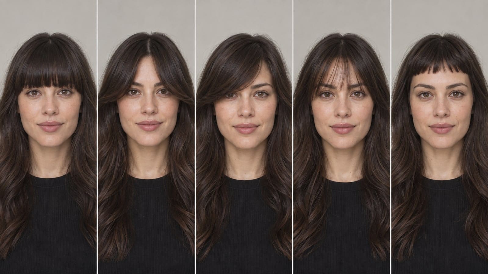Five matched views of one woman show blunt, center-parted curtain, side-swept, sparse wispy, and short micro bangs from left to right