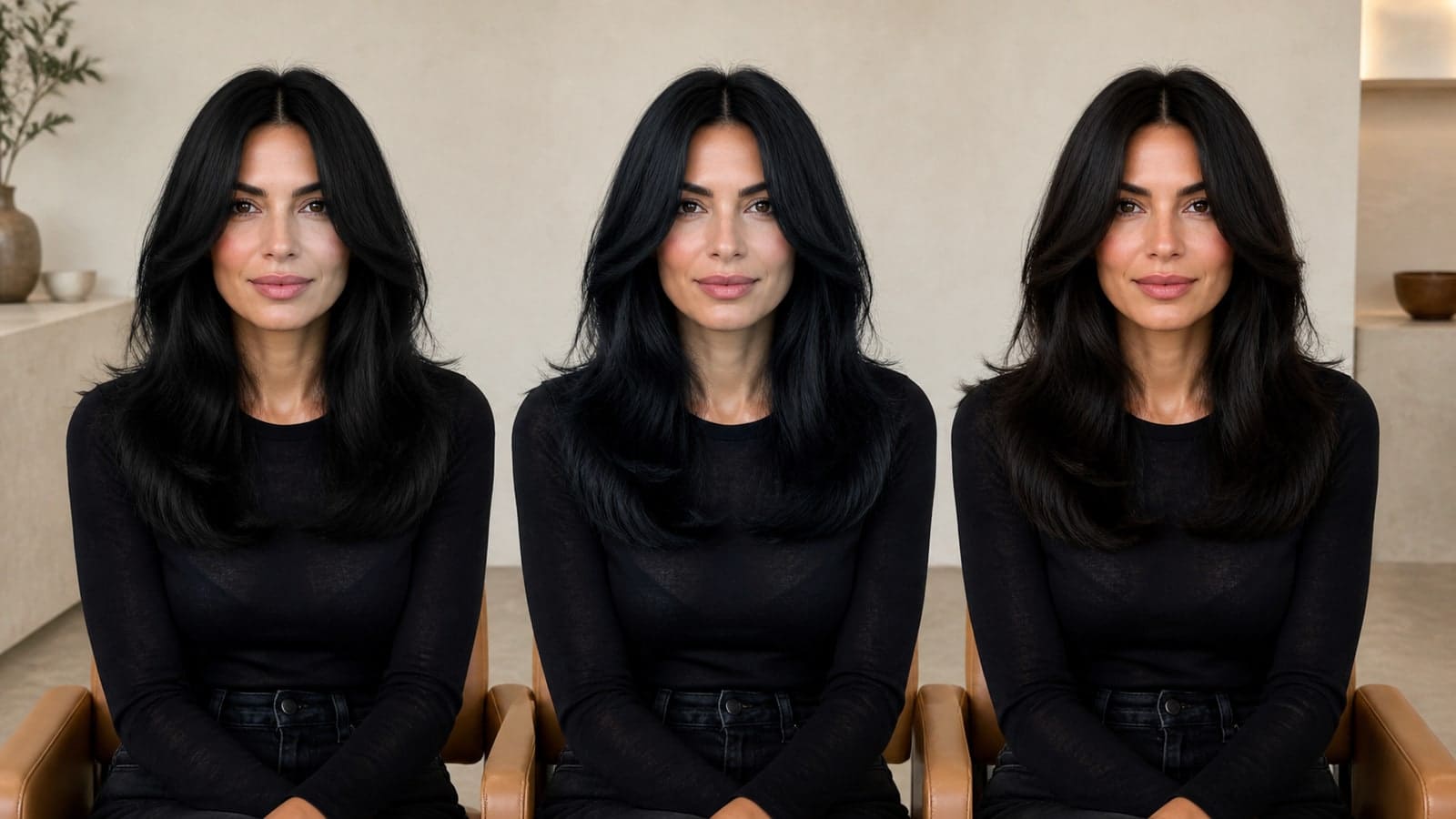 The same woman shown with neutral near-black, cool blue-black, and warm soft-black hair at equal depth in one salon