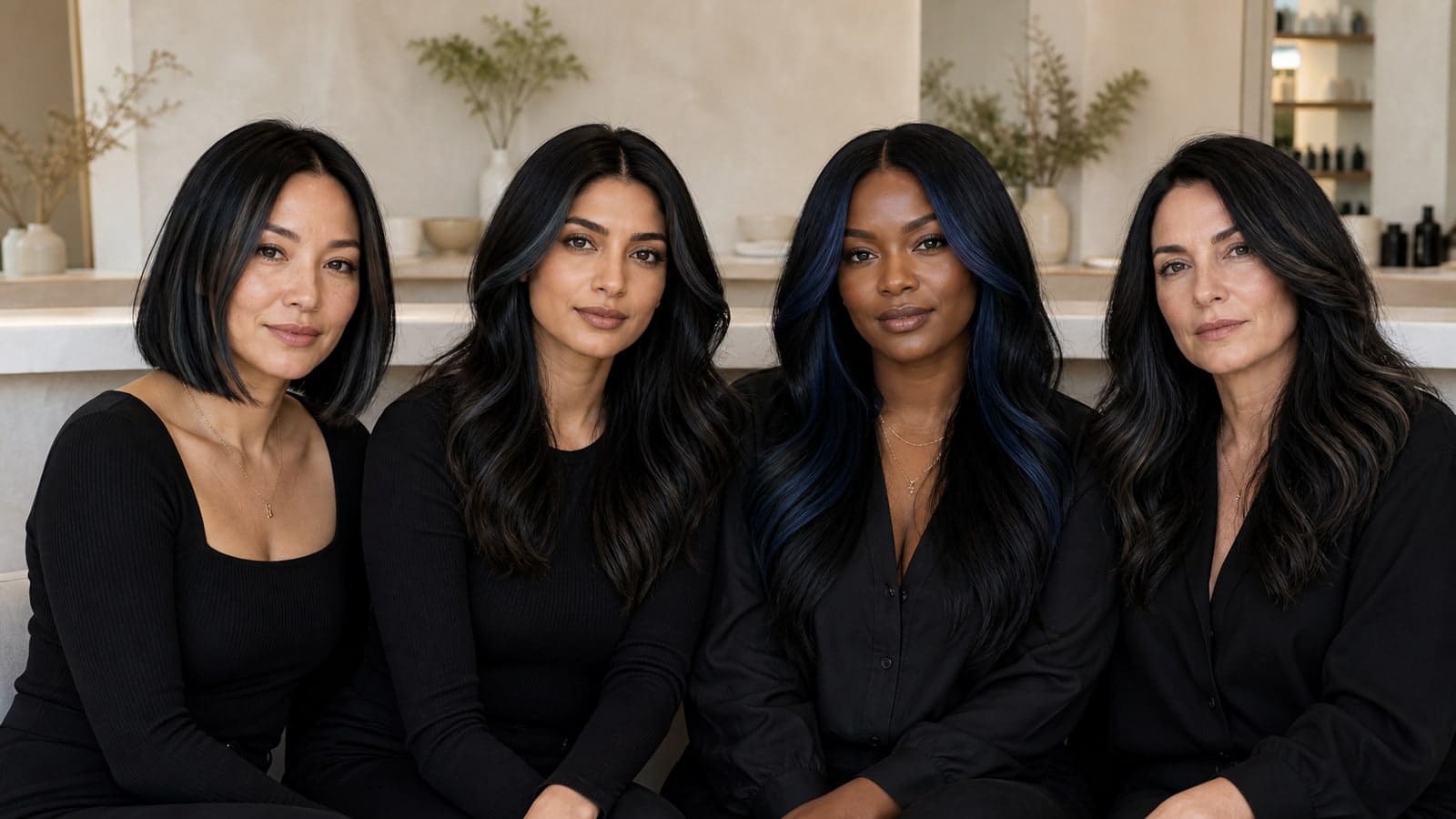 Four diverse women show fine temple threads, medium contour ribbons, bold blue-black face framing, and diffuse soft-black ribbons on near-black hair