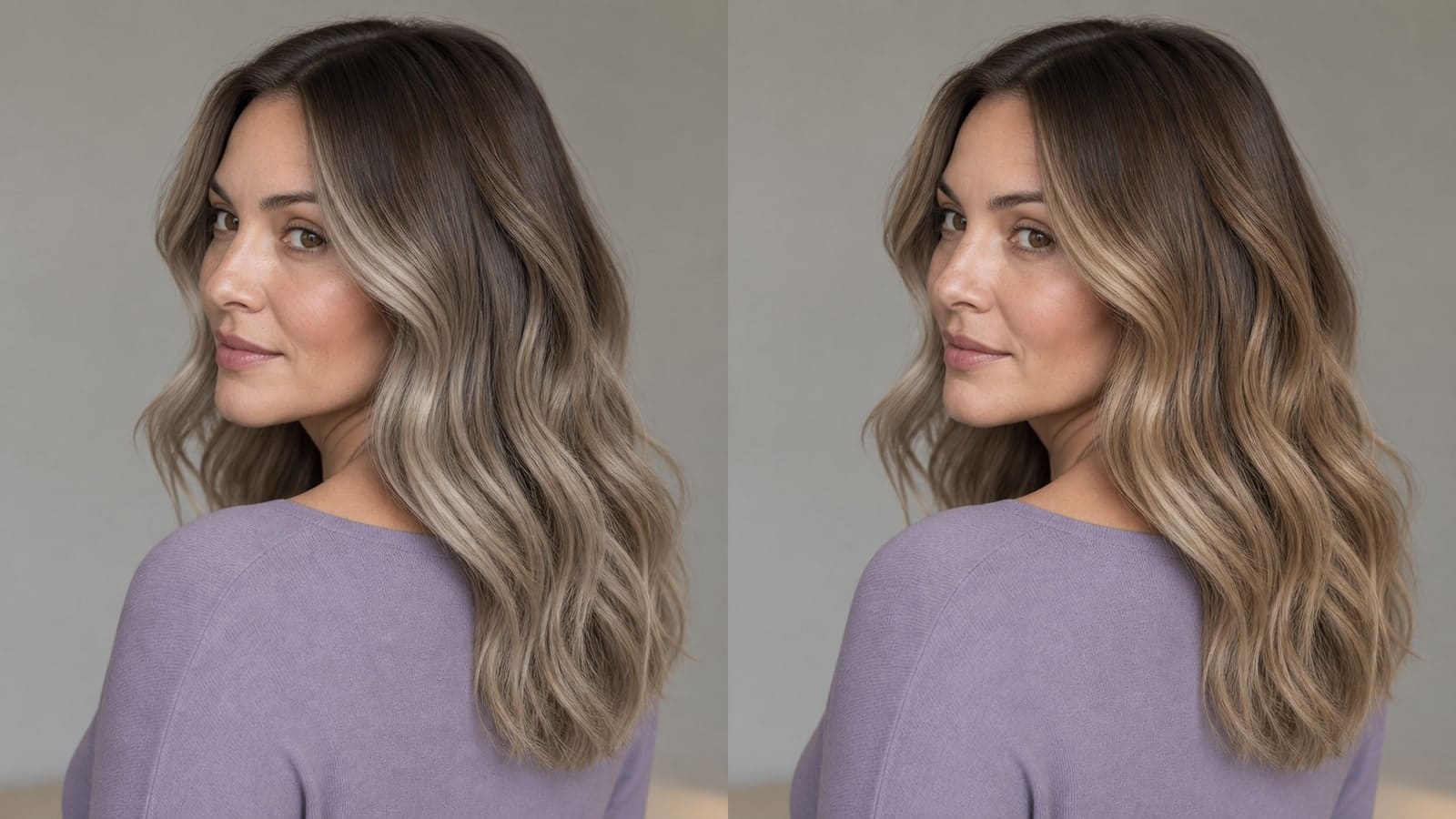 The same woman wears matched medium-brunette roots and balayage placement with cool ash blonde on the left and neutral beige blonde on the right