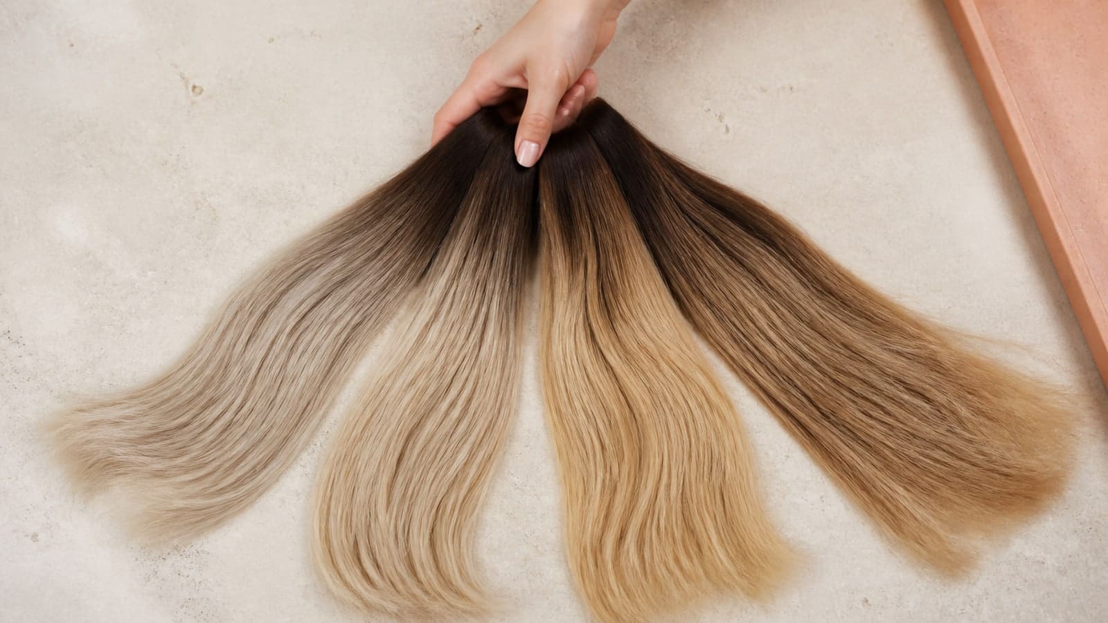 Four comparable brunette-to-dark-blonde hair sections show ash, beige, golden, and honey blonde balayage with retained deeper roots