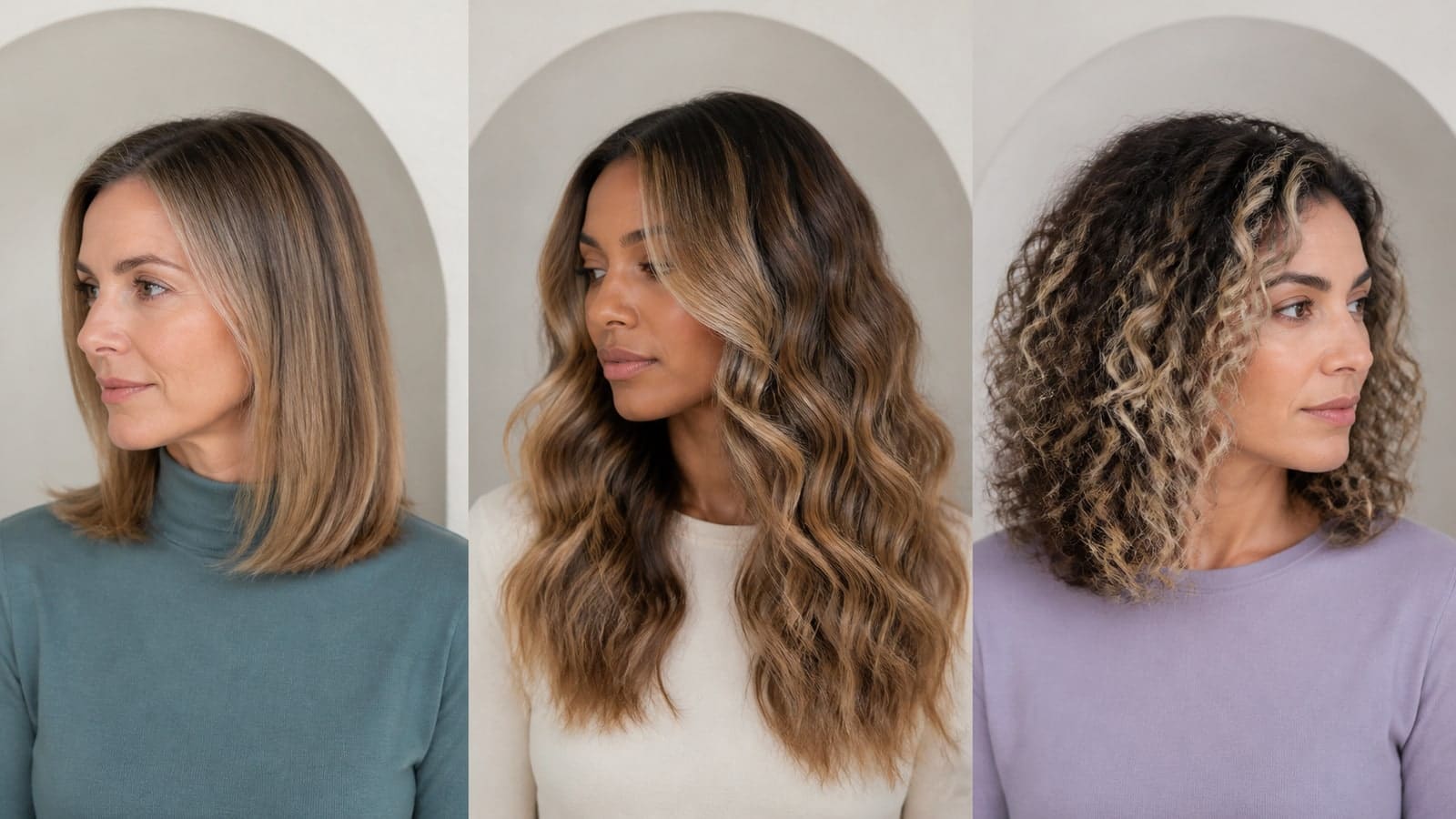 Three women show subtle beige ribbons on straight hair, balanced honey balayage on long waves, and bold icy ribbons on shoulder-length curls