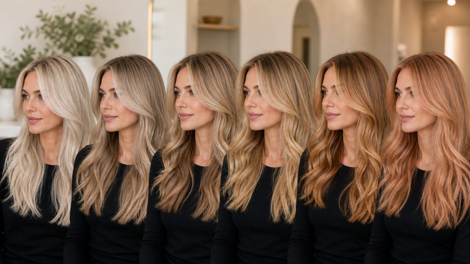The same woman in six blonde shades progressing from icy pearl and ash through beige and golden to strawberry blonde