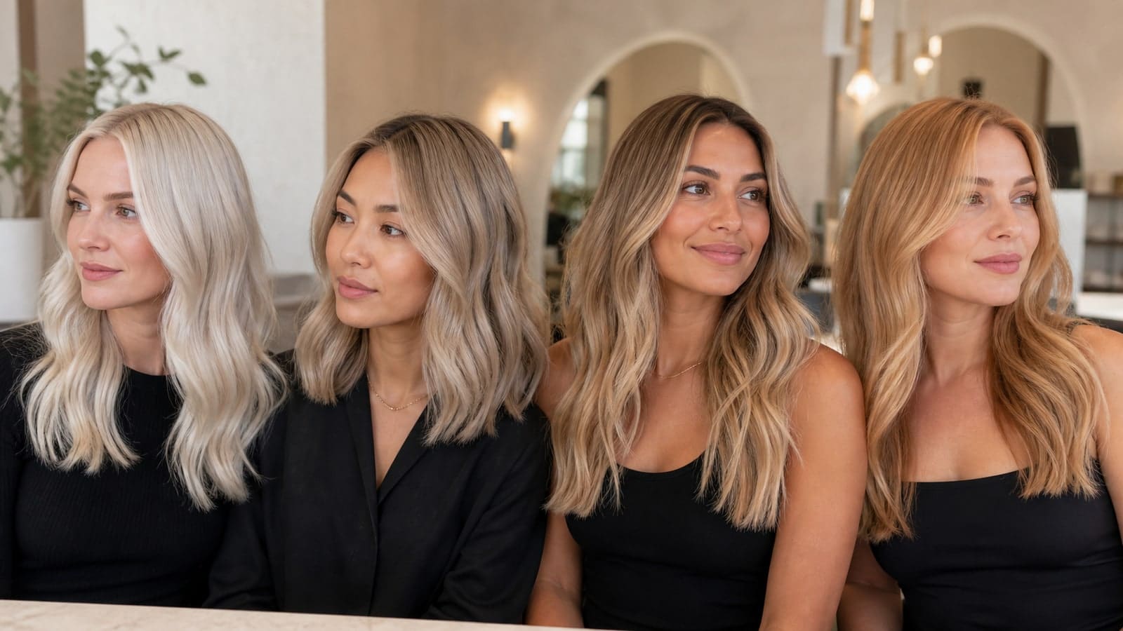 Four women with icy pearl, ash-beige, balanced beige, and strawberry-golden blonde hair