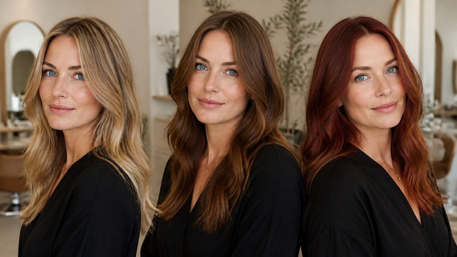 The same blue-eyed woman shown with beige blonde, chestnut brunette, and copper-red hair under consistent salon light