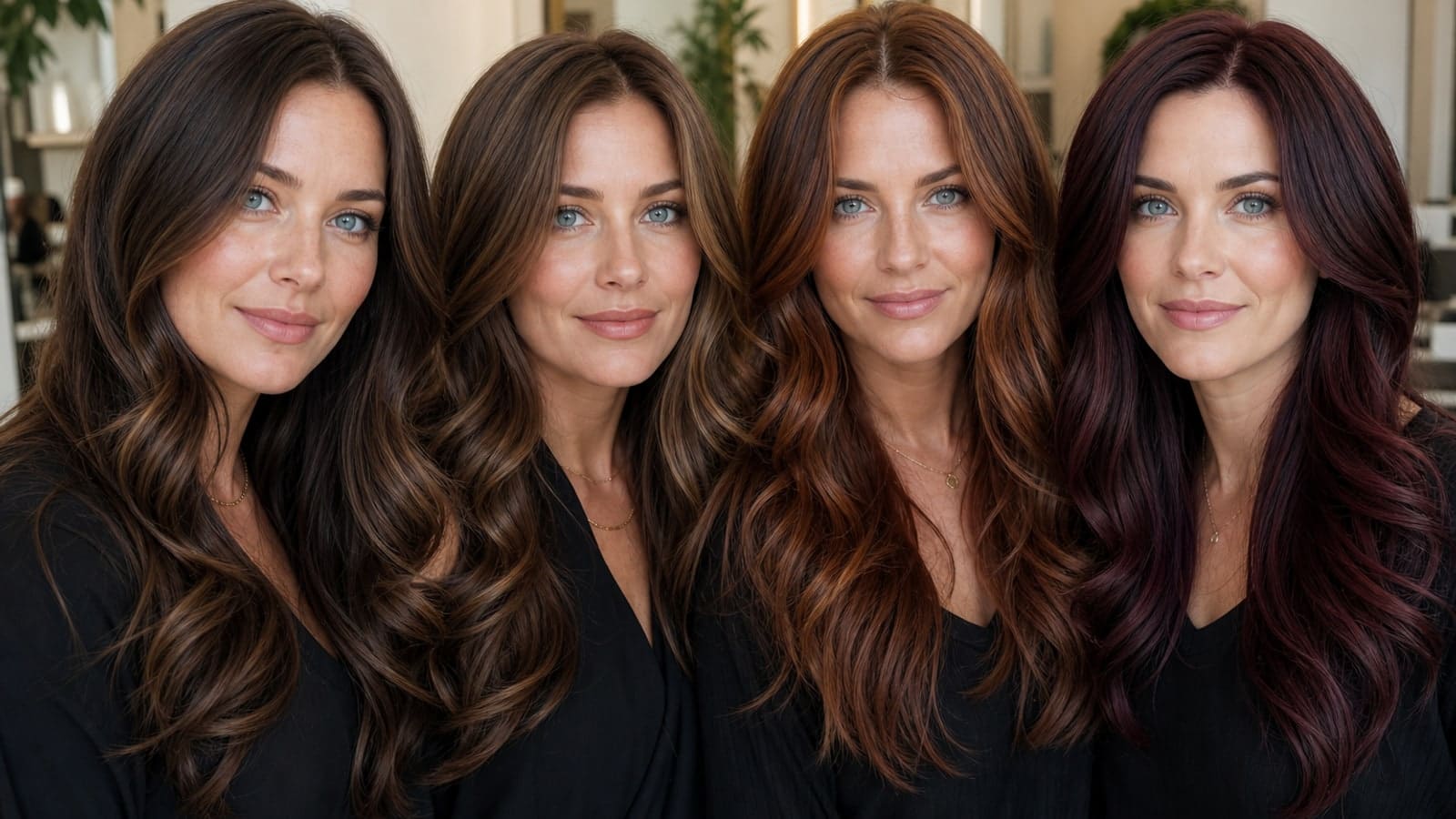 Four blue-eyed women wear cool mocha, neutral chocolate, warm chestnut-copper, and burgundy hair at a similar brunette depth