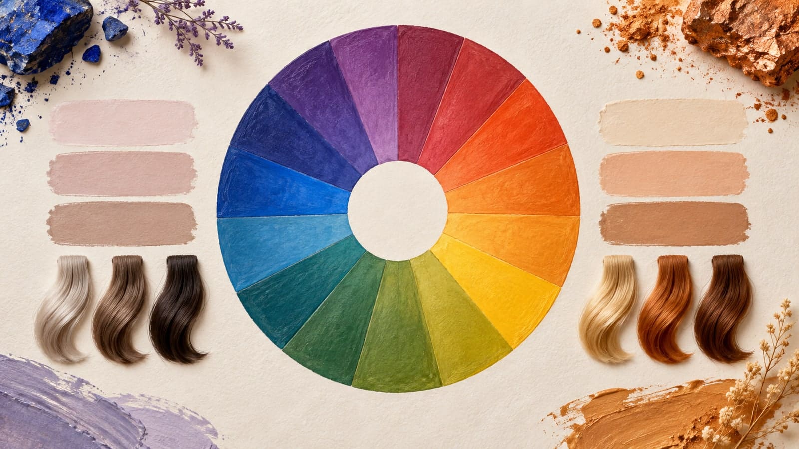 Unlabeled color wheel with blue opposite copper orange, alongside warm, neutral, and cool color swatches