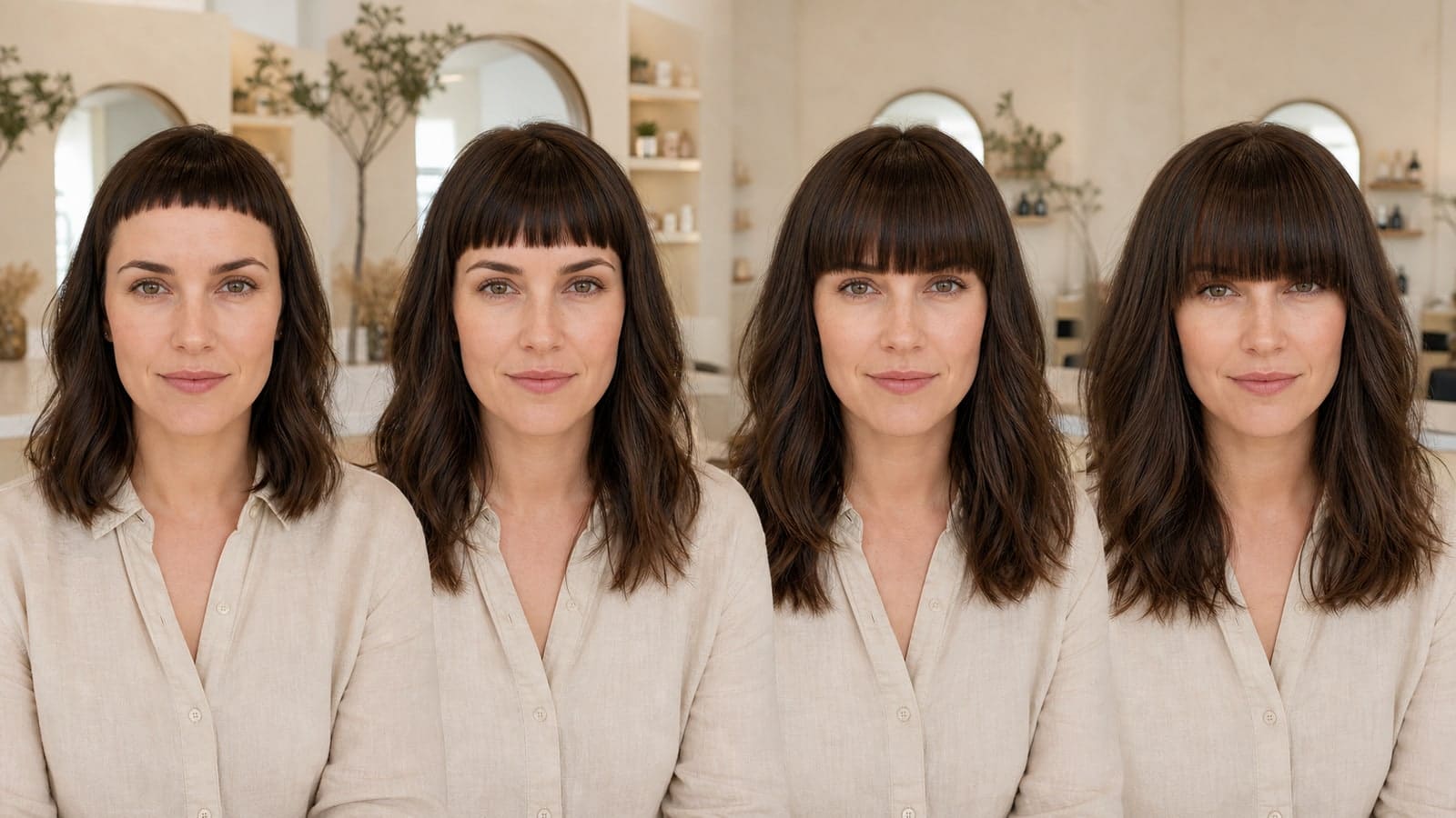 Same-model comparison of blunt bangs: who they suit and how to choose the line silhouettes in one salon scene