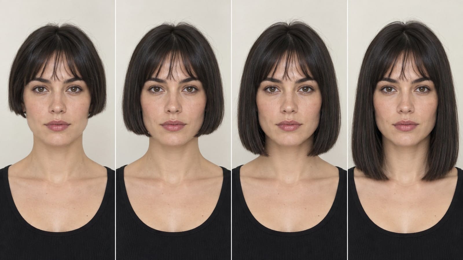 One adult appears in four matched panels with progressively longer dark bobs, from a short fringed bob to a collarbone-length lob