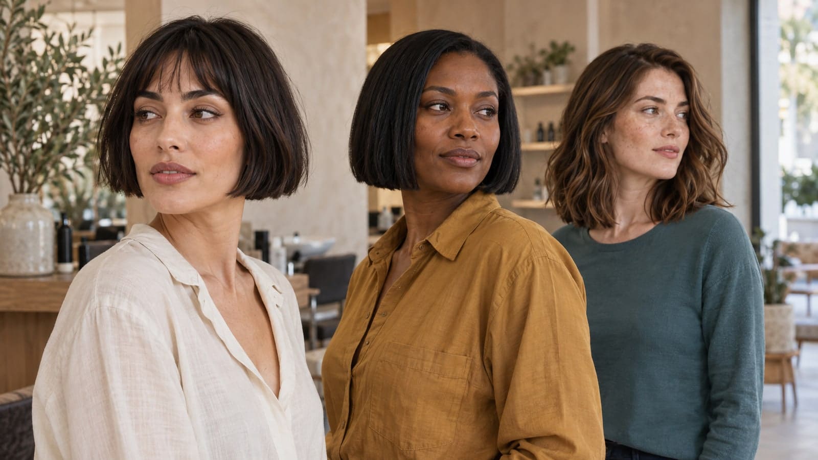 Three adults in a salon show a short French bob with fringe, a blunt chin-length bob, and a wavy long bob near the collarbone