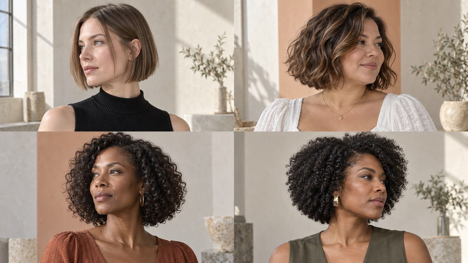 Four different adults show chin-area bob silhouettes in straight, wavy, curly, and coily natural hair textures