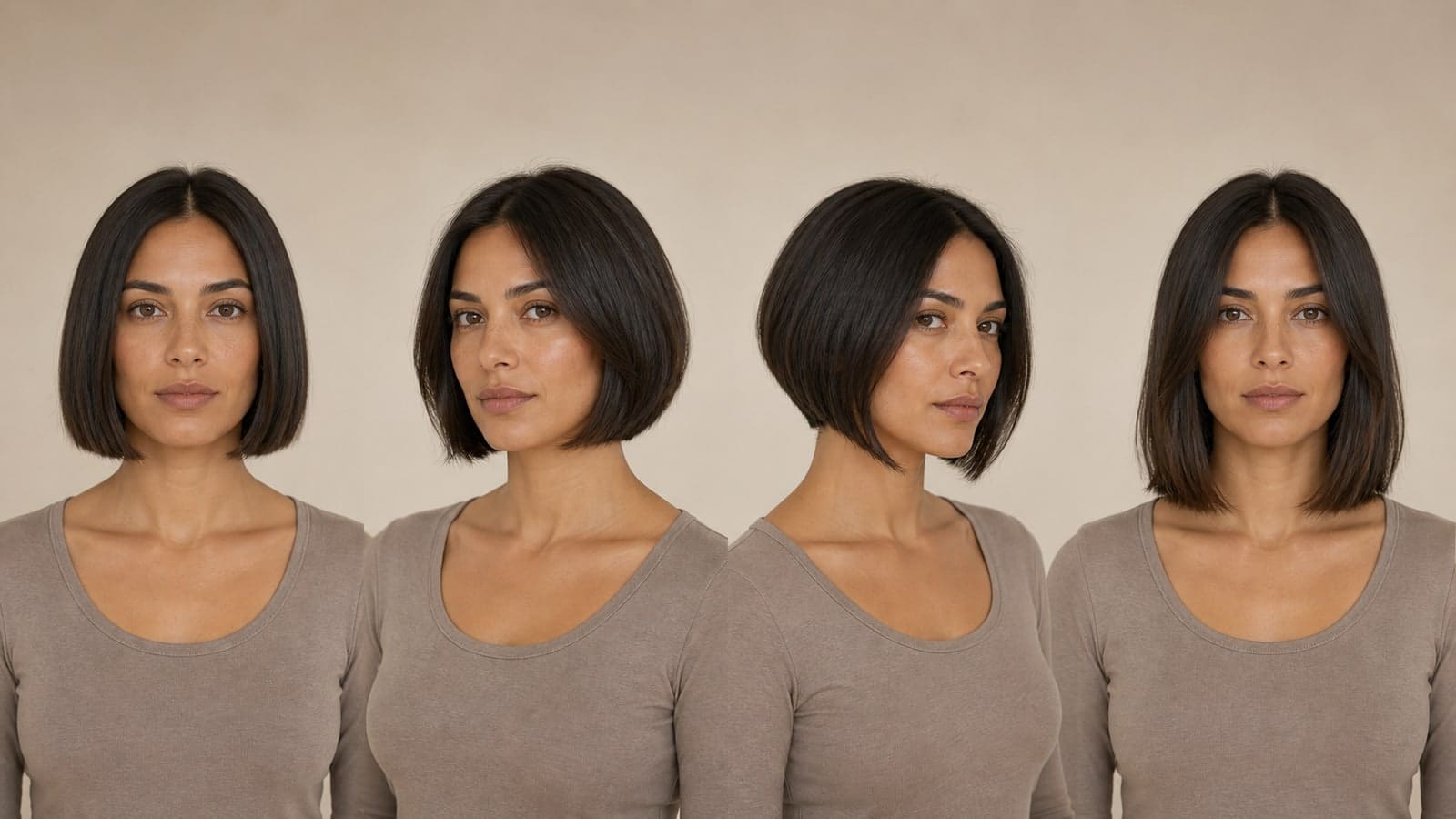 The same woman models four bob geometries: blunt jaw length, curved chin length, a forward angle, and a longer graduated front