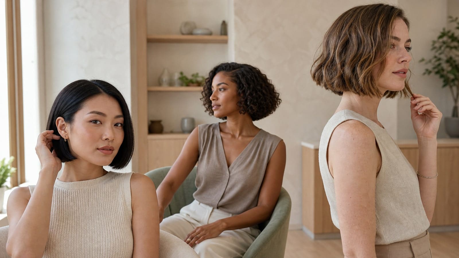 Three women show a sleek jaw-length bob, a curly neck-length bob with side volume, and a wavy angled chin-length bob