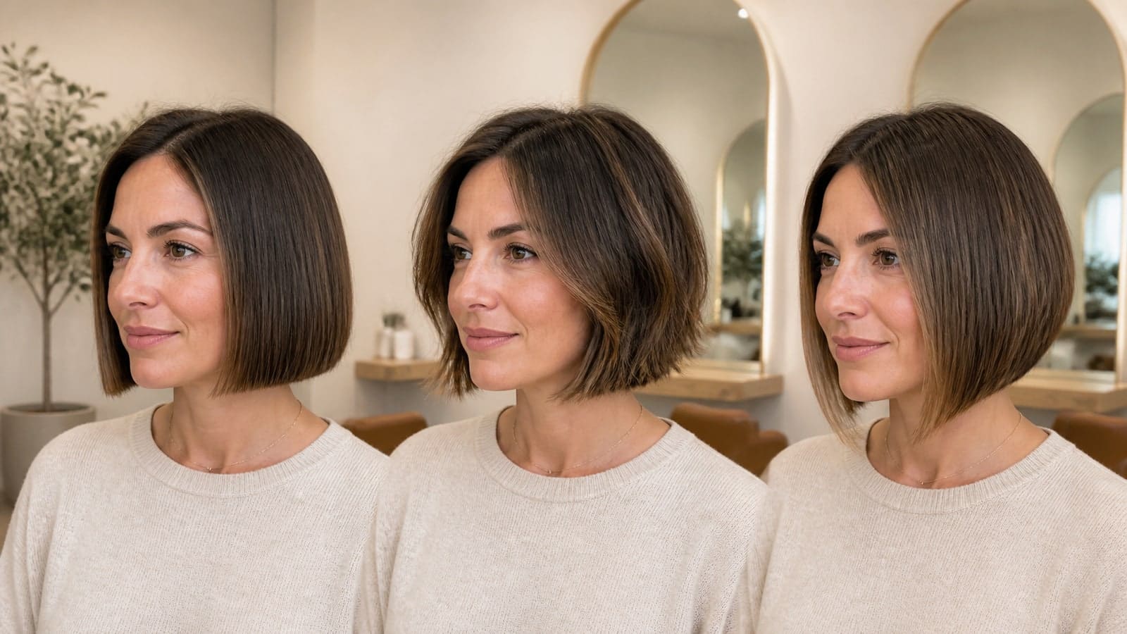 Three views of one woman in a salon with a smooth chin-length bob, a textured bob, and a longer rounded bob