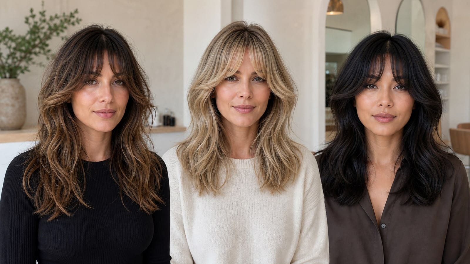 Salon consultation showing bottleneck bangs: shape, length, and styling haircut options and silhouette