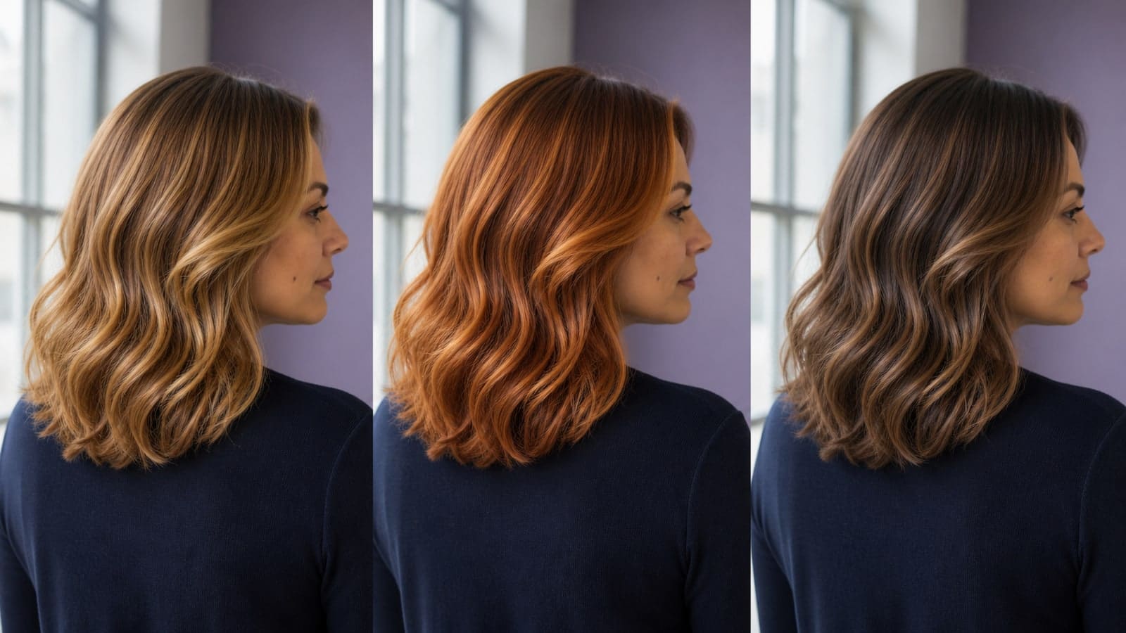 The same woman with shoulder-length waves shown in neutral daylight with golden, copper, and cooler clear-brown hair reflections.
